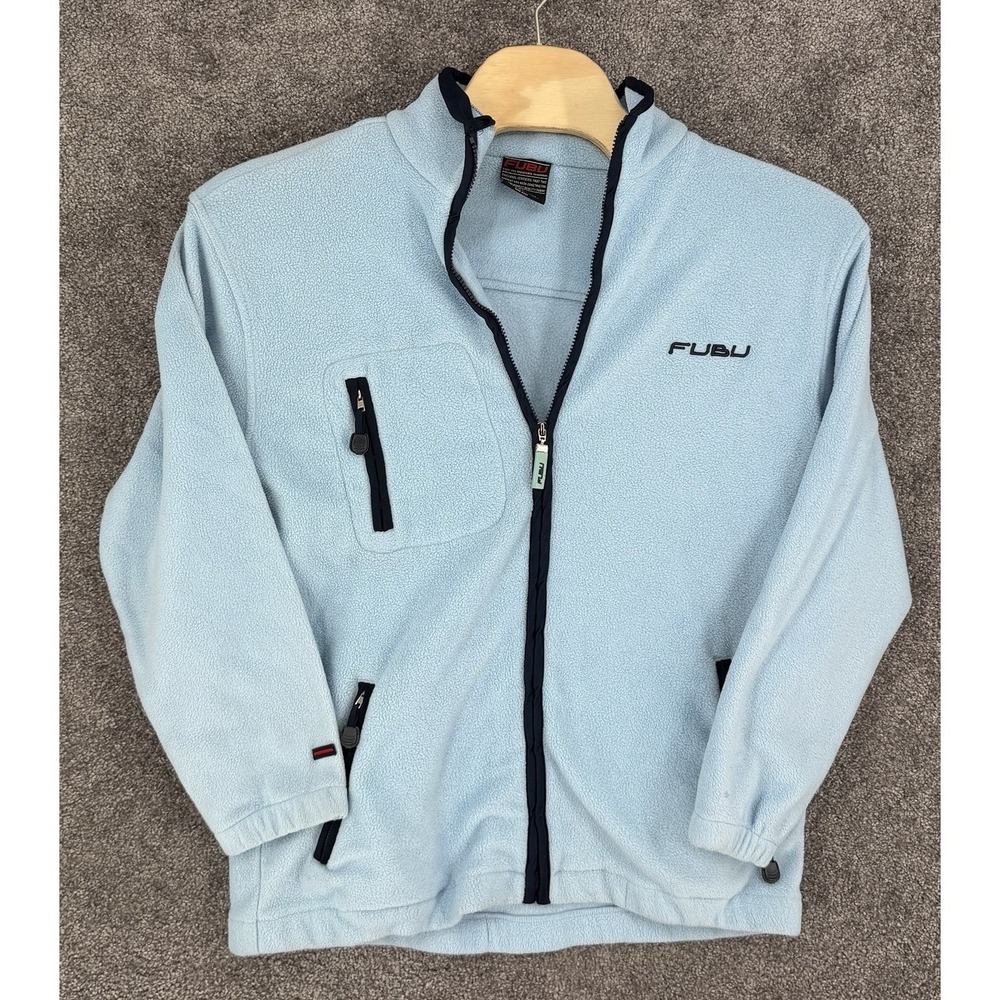 Vintage FUBU Fleece Jacket Youth XL Fits Men S M Baby Blue Pastel 90s Streetwear